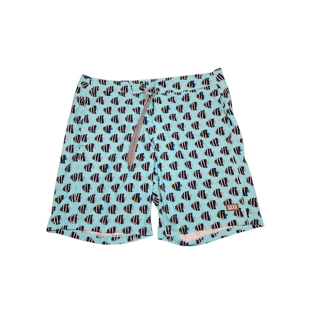 SAXX Betawave 2N1 Board Shorts 36 x9 Men 19" Blue Fish Print BallPark Pouch Swim